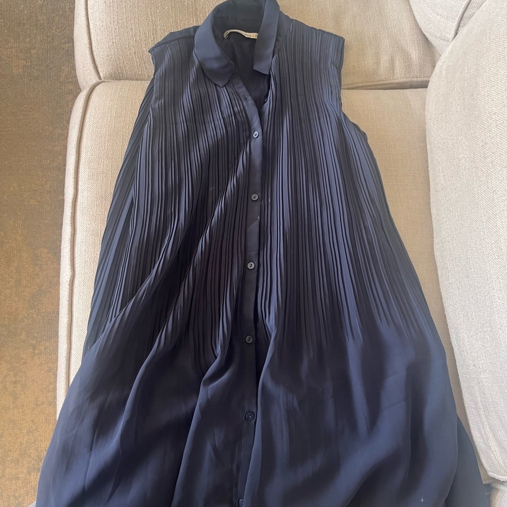 Sleeveless Navy Pleated Button-Front Dress- Abercrombie